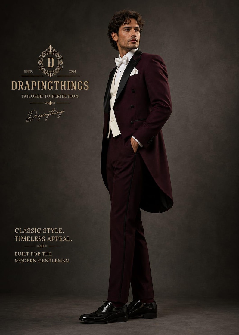 May include: A deep burgundy tailcoat tuxedo featuring black satin lapels, a white waistcoat, a white dress shirt, and a white bow tie. The text reads: DRAPINGTHINGS, ESTD 2024, TAILORED TO PERIECTION, CLASSIC STYLE. TIMELESS APPEAL. BUILT FOR THE MODERN GENTLEMAN.