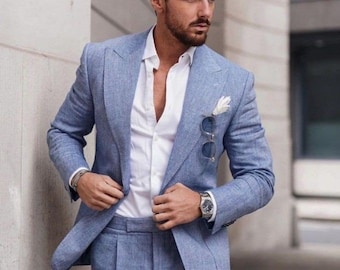 Sky Blue Linen Men's 2-Piece Suit: Classic Elegance with Modern Comfort Perfect For Weddings Proms and Many More