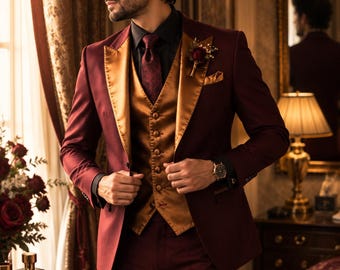 Mahogany Satin Tuxedo Jacket with Gold Vest – Bespoke Wedding & Gala Suit