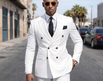 White Wedding Suit for Men Double Breasted, Slim Fit Peak Lapel Tuxedo