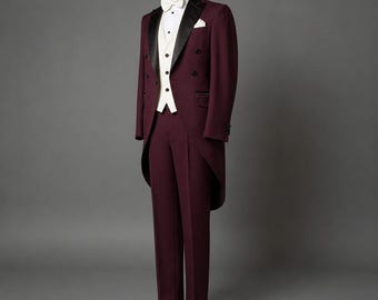 Burgundy Victorian Tailcoat Suit: Black Satin Lapel Tuxedo with White Vest