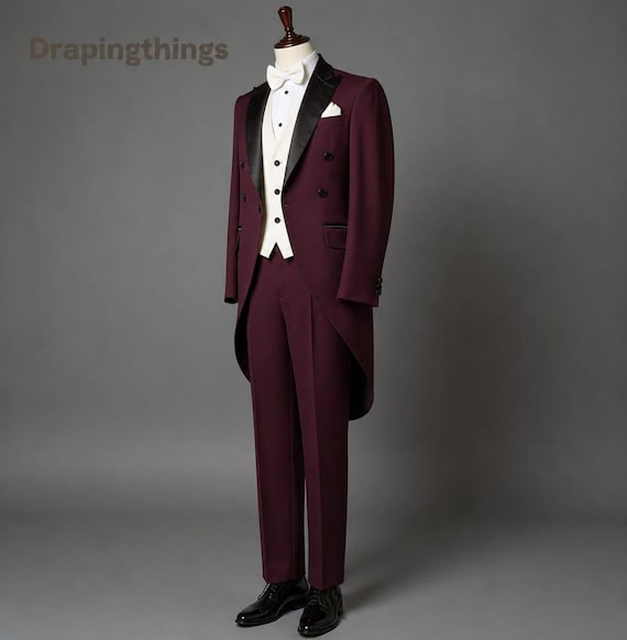 Burgundy Victorian Tailcoat Suit: Black Satin Lapel Tuxedo with White Vest