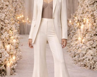 Ivory White Women Pantsuit with Bell Bottom Trousers |Tailored Blazer Set | Modern Bridal
