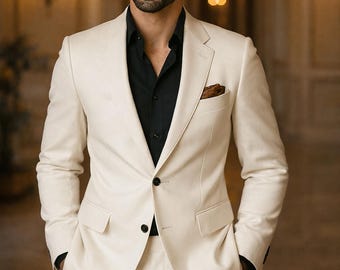 Ivory White Men Suit with Black Shirt: Wedding , Tailored Fit