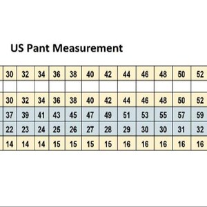 May include: A US Pant Measurement chart presented as a table with black text on a white background. The table lists pant sizes from 28 to 58, with corresponding measurements in inches for pant waist, hip, thigh, and hem width in a grid format.