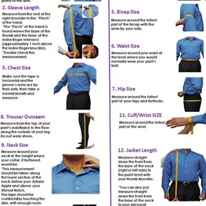 May include: An instructional infographic titled How to Measure your BODY SIZE, featuring twelve numbered steps with corresponding photographs of a person in a blue shirt demonstrating how to use a yellow measuring tape for various body measurements.
