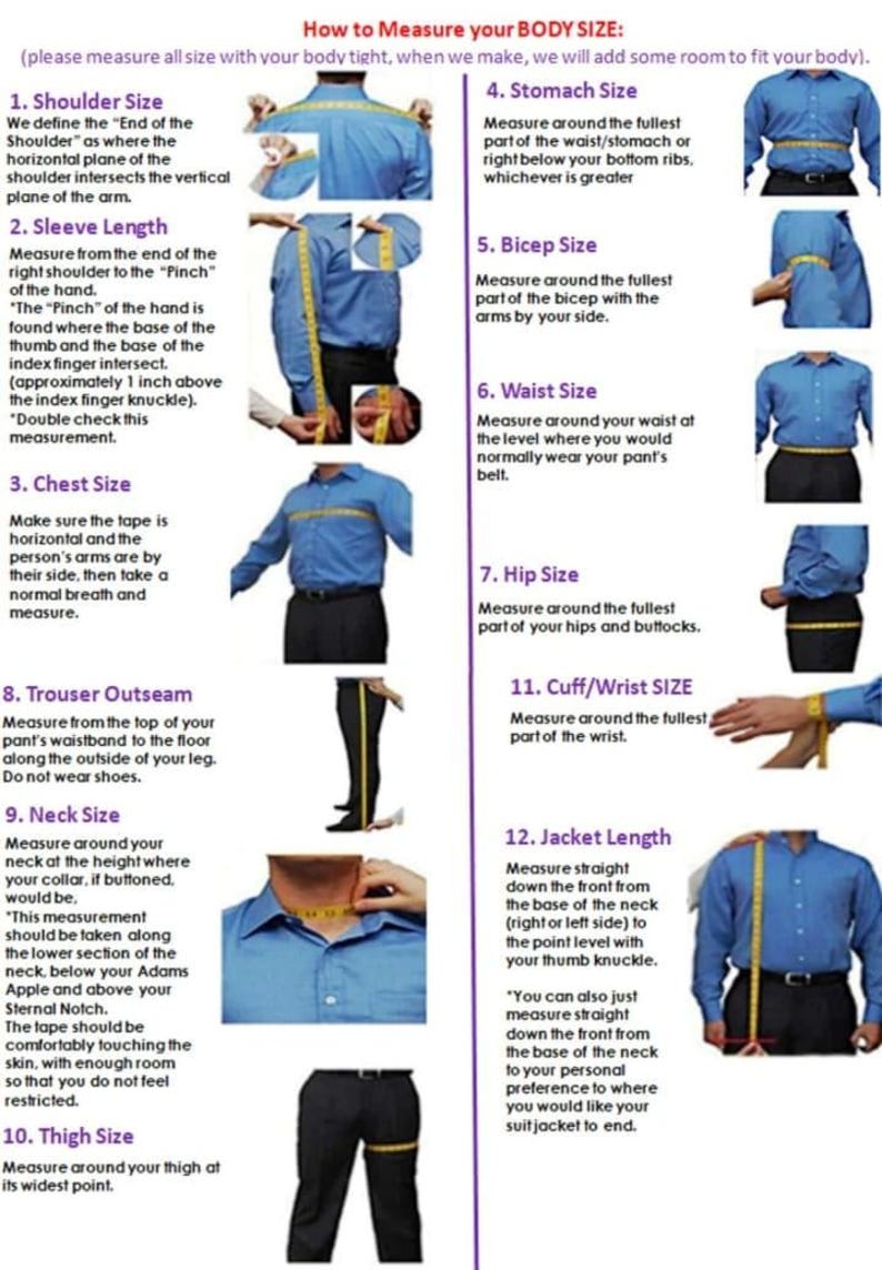 May include: An instructional infographic titled How to Measure your BODY SIZE, featuring twelve numbered steps with corresponding photographs of a person in a blue shirt demonstrating how to use a yellow measuring tape for various body measurements.