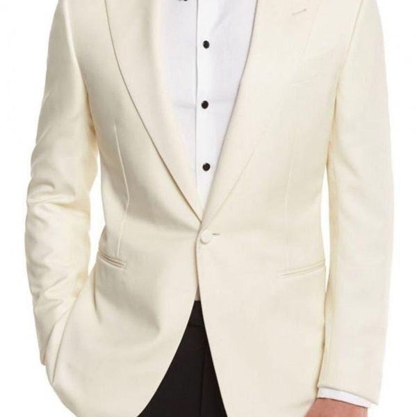 Prom, Wedding Coat for Men in Off-White Dinner Party Coat with Contrast Lapel