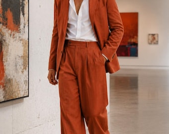 Men Vintage Terracotta 2 Piece  Pleated Wide-Leg Trouser Patch Pocket Linen  Rust Suit