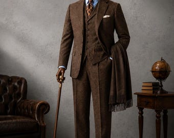 1920s Brown Tweed Suit | 3 Piece Vintage Men's Wear | Peaky Blinders Style Groom set
