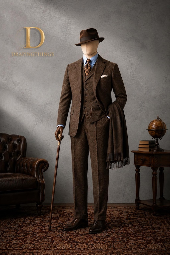 Men's Brown Tweed 3-Piece Suit: Vintage Style Wool, Fitted Peak Lapel, Wedding Groom Attire