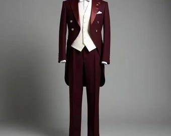 Burgundy Victorian Telicoat Men's Tailcoat Suit | Formal Tuxedo with Matching Vest & Long Trail Coat | Vintage Style Wedding and Occasion