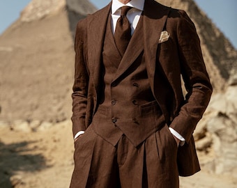 Chocolate Brown Linen Three Piece Suit Men | Double Breasted Waistcoat Pleated Trousers