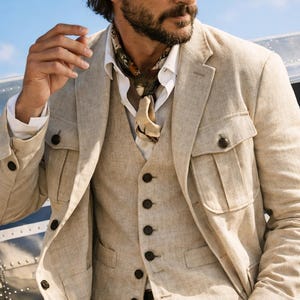 Men Beige Linen Safari Suit | 3 Piece Vintage Summer Wedding Suit for Groom | Custom Made image 2