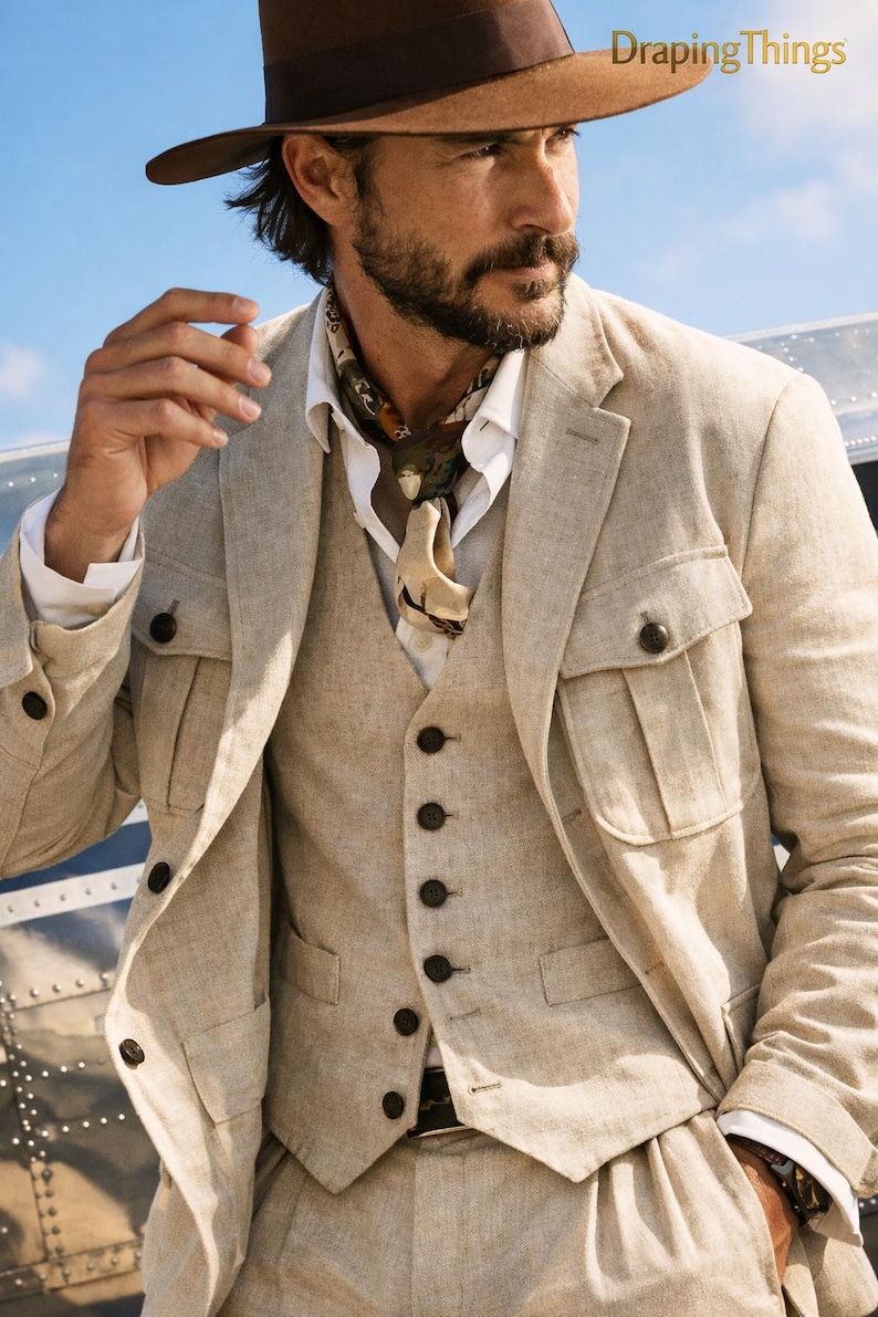 Men Beige Linen Safari Suit | 3 Piece Vintage Summer Wedding Suit for Groom | Custom Made image 2