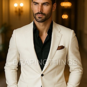 Men’s Ivory White Suit with Black Shirt - Luxury Wedding & Formal Suit for Men, Premium Tailored Fit