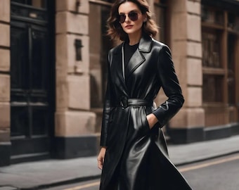 Black Lambskin Leather Overcoat – Handcrafted Tailored Long Jacket