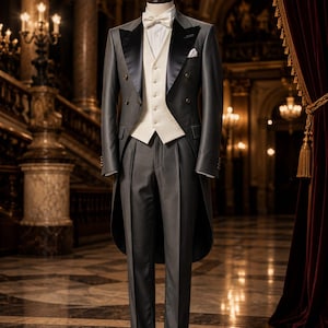 May include: A charcoal grey tailcoat suit featuring a double-breasted jacket with black satin lapels, a cream-coloured waistcoat with gold buttons, a white dress shirt, a cream bow tie, matching charcoal trousers, and black leather dress shoes.