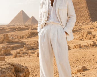 1920s vintage safari style suit for men, linen 2 button jacket, pleated trousers