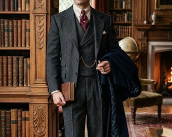 1920s Charcoal Grey Tweed Suit | 3 Piece Vintage Men's Wear | Peaky Blinders Style Groom set