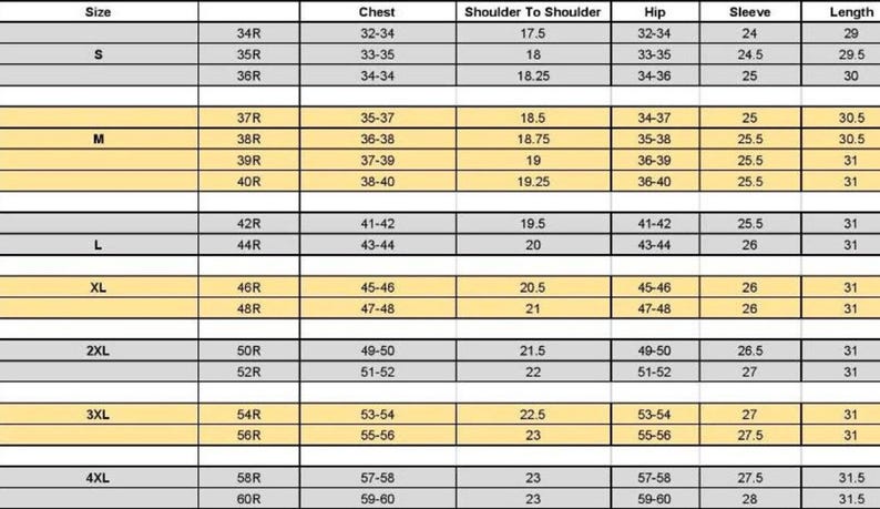 May include: A detailed garment sizing chart presented in a grid format with alternating white and light yellow rows. The table lists sizes from S to 4XL, including specific measurements for chest, shoulder to shoulder, hip, sleeve, and length in inches.