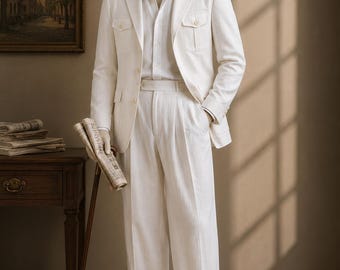 1920s vintage safari style suit for men, linen 3 button jacket, pleated trousers