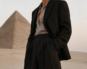 Midnight Black Linen Suit Men | Classic Tailored Jacket Pleated Trousers