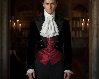Men’s Black Velvet Vampire Tailcoat with Burgundy Lining, Custom Gothic Halloween Costume