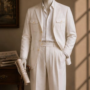 Men's Cream Linen Safari Suit: Vintage 1920s Wedding Outfit, Panama Hat Set