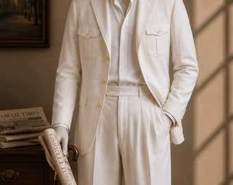 Men's Cream Linen Safari Suit: Vintage 1920s Wedding Outfit, Panama Hat Set