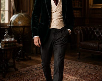 Emerald Green Velvet 3-Piece Suit, Shawl Lapel Blazer, Jacquard Waistcoat, Wool Trousers