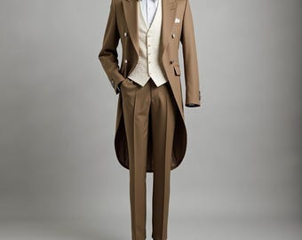 Victorian Brown Tailcoat Suit: Men's Formal Tuxedo with White Vest