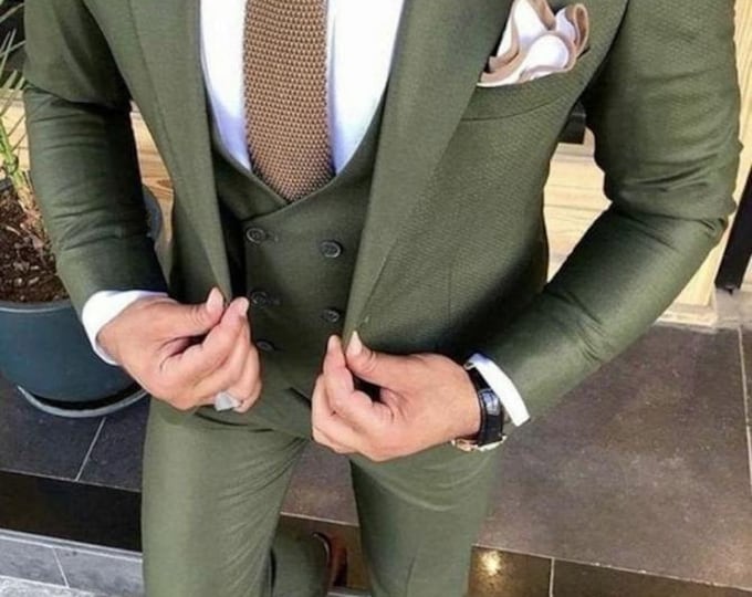Featured listing image: Olive Green 3-Piece Suit: Slim Fit Viscose Rayon Polyester Blend