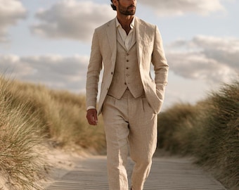 Beige Linen Three Piece Suit for Men | Classic Waistcoat Tailored Trousers