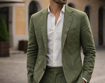 Green Linen Suit for Men | 2 Piece Custom Wedding Suit | Slim Fit Groom Outfit
