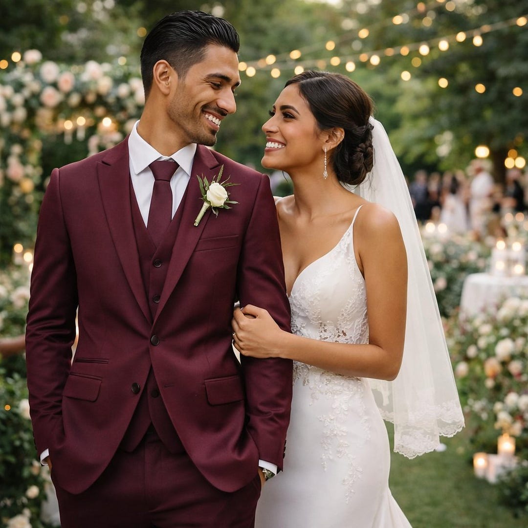 burgundy dress and suit Maroon Three Piece Peak Lapel Wedding Groom Prom & Engagement Size:10 / M Olive Green Satin Asymmetrical typically just above the boho lace dress