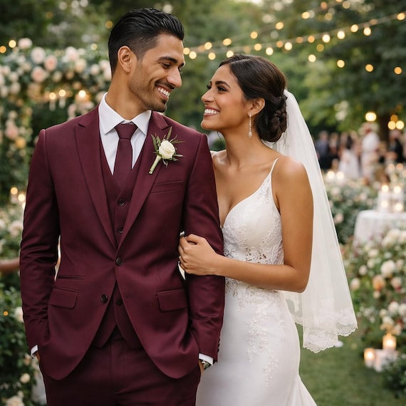 Maroon Three Piece Peak Lapel Wedding Groom Suit Prom & Engagement