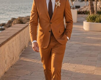 Mustard Viscose Rayon Men's Suit: Two-Piece Wedding Engagement Prom