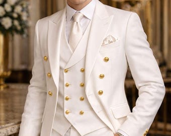 White Double Breasted 3 Piece Groom Suit for Men |  Wedding Tuxedo with Gold Buttons