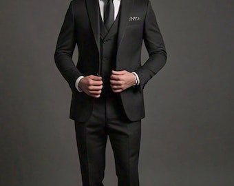 Men's Black 3-Piece Suit: Slim Fit Blazer, Waistcoat & Trousers