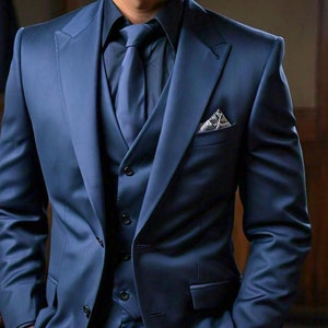 Men's Navy Blue 3 Piece Peak Lapel Wedding Suit | Dinner, Prom, Engagement, Anniversary Suits | Business Suit For Men | Perfect Men's Suit |