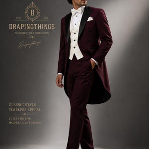 Burgundy Victorian Tailcoat Suit: Black Satin Lapel Tuxedo with White Vest image 5
