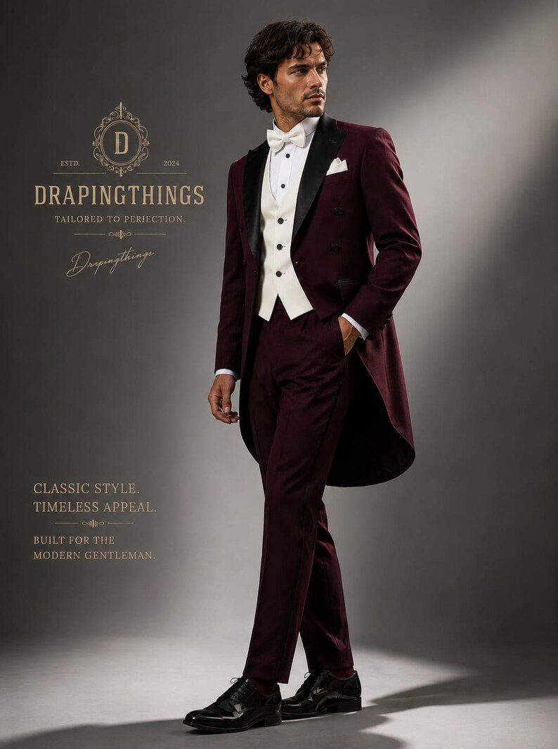 Burgundy Victorian Tailcoat Suit: Black Satin Lapel Tuxedo with White Vest image 5
