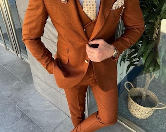 Premium Quality Rust 3-Piece Suit  Crafted with the Finest Materials Perfect for Weddings and Special Occasions