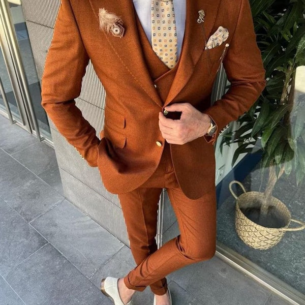 Premium Quality Rust 3-Piece Suit  Crafted with the Finest Materials Perfect for Weddings and Special Occasions