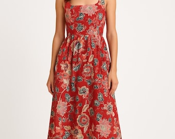 Red Color Flower Motif Screen Print Cotton Dress | Indian 100% Pure Cotton Maxi & Midi Dress | Summer Ethnic Wear, Comfortable Daywear