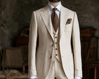 Ivory Linen Three Piece Suit for Men | Classic Waistcoat Tailored Trousers