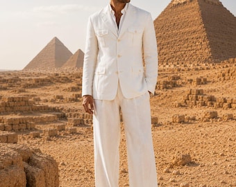 1920s Vintage Linen Safari Suit: White Summer Wedding Groom Wear Blazer Trousers