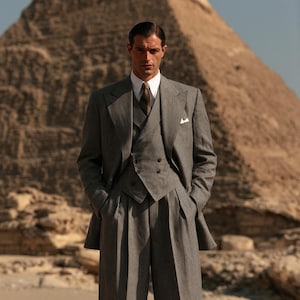 Smoke Gray Linen Three Piece Suit Men | Double Breasted Waistcoat Pleated Trousers