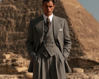 Smoke Gray Linen Three Piece Suit Men | Double Breasted Waistcoat Pleated Trousers